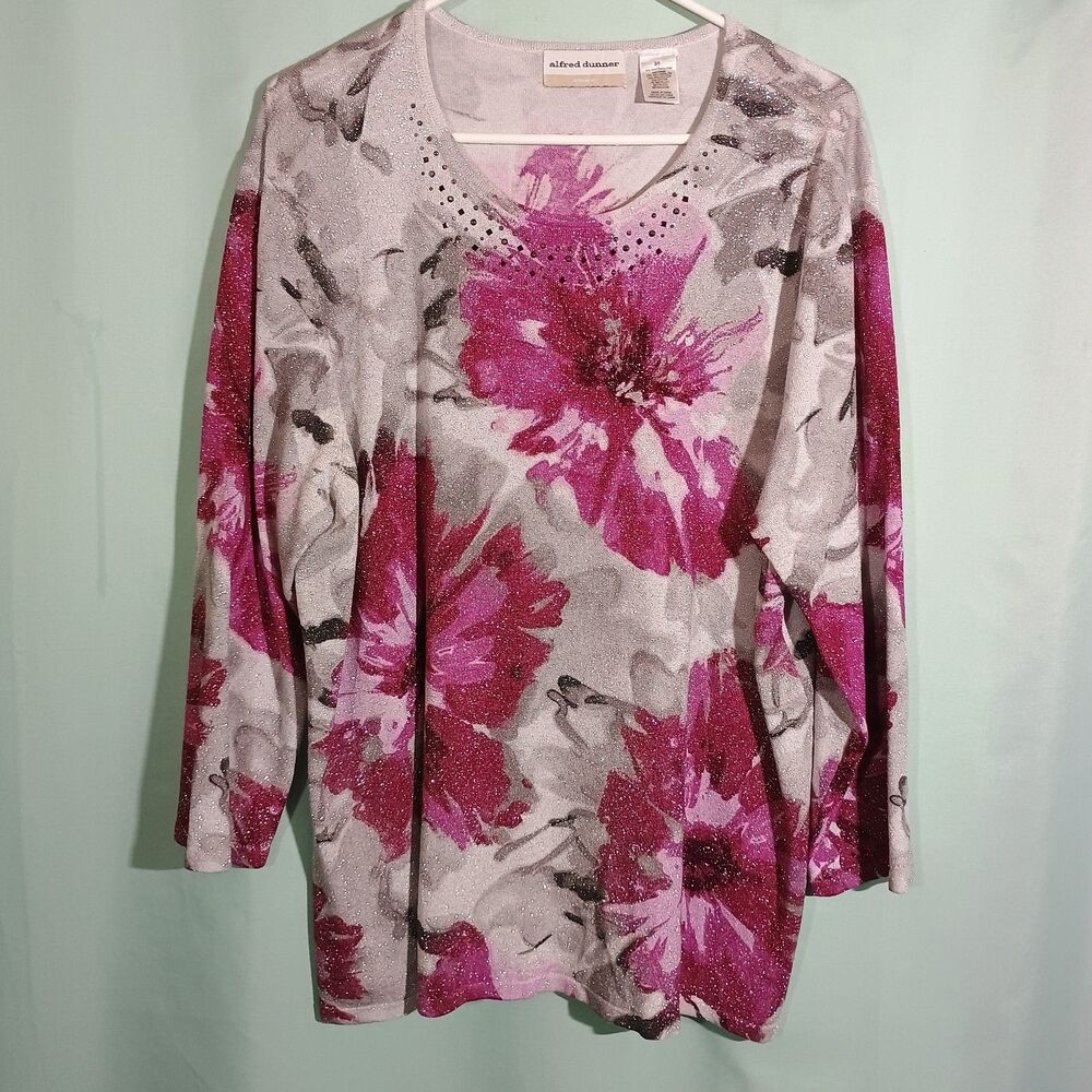 Alfred Dunner Pink Floral Embellished Top – Women’s  Rhinestone Long Sleeve